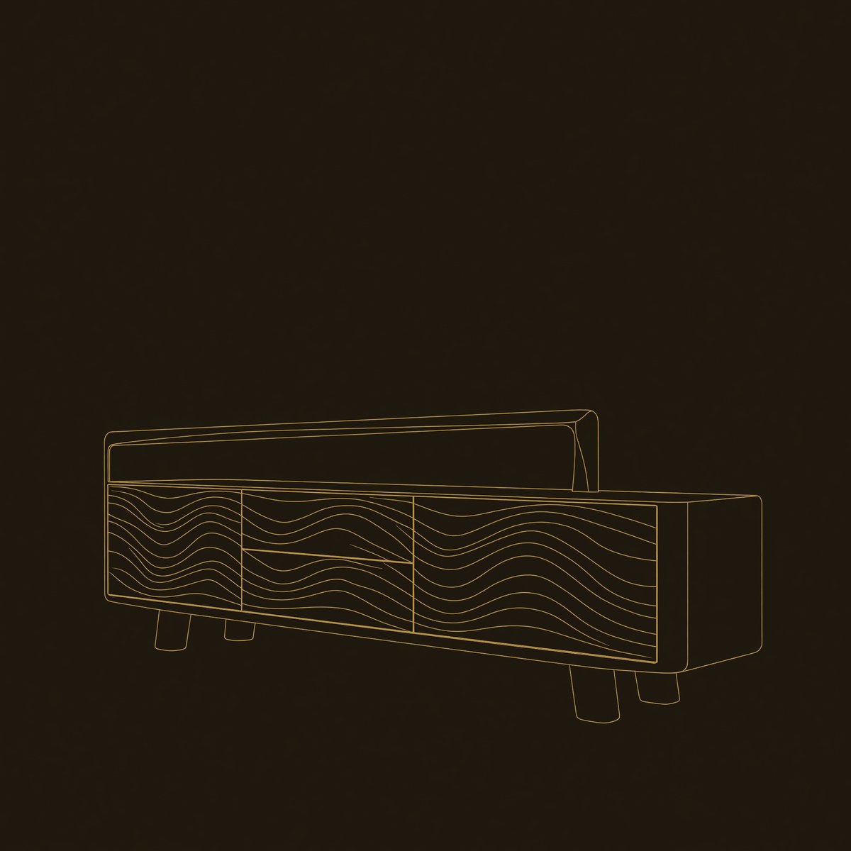 Curved Wood TV Console with Sculptural Display Shelving dimension diagram