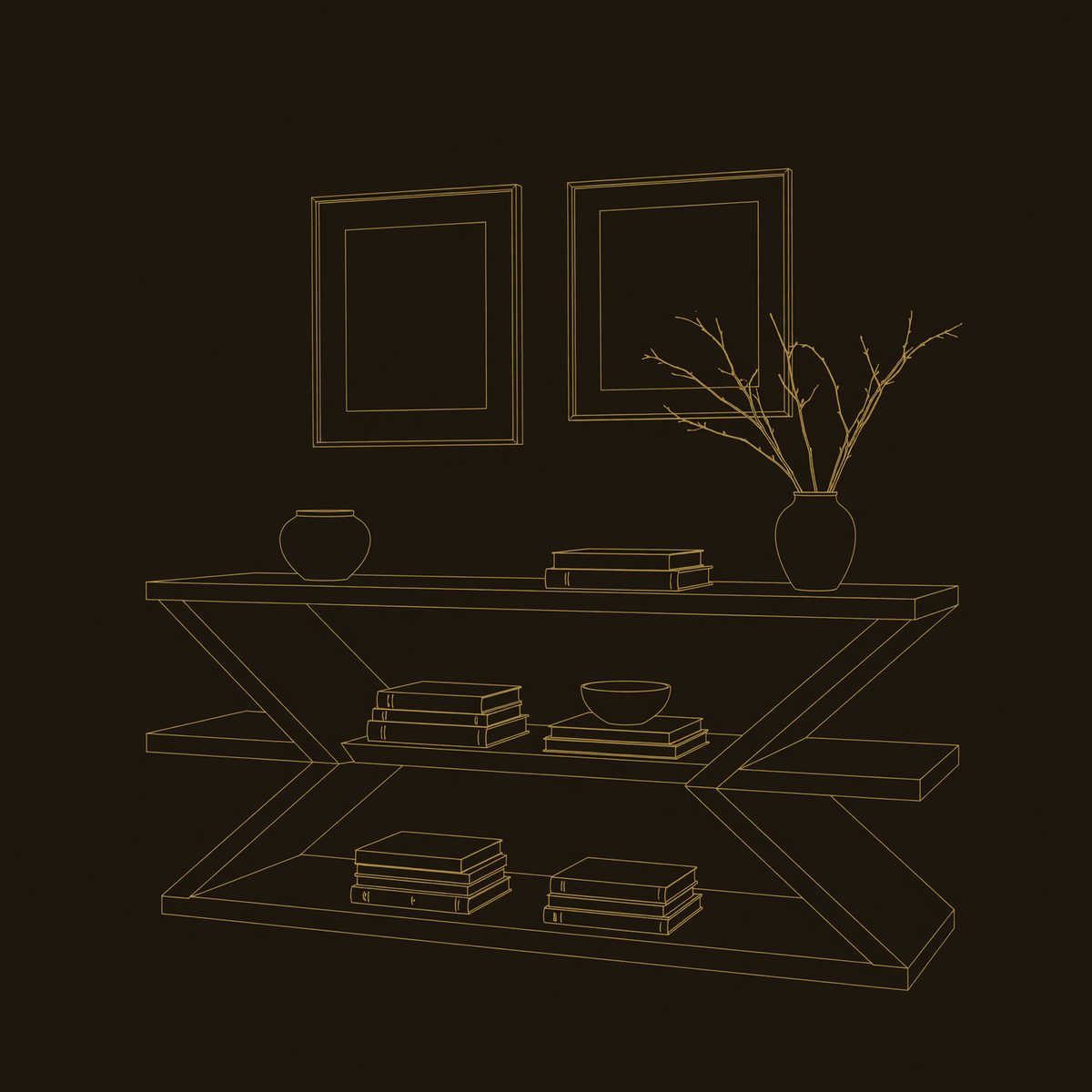 Crossed X-Base Console Table with Two Open Shelves dimension diagram