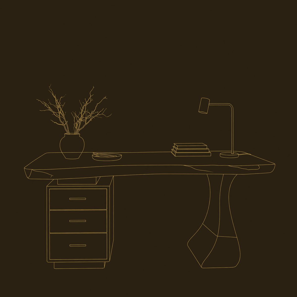 Desk on a Flared Sculpted Pedestal in Solid Walnut dimension diagram