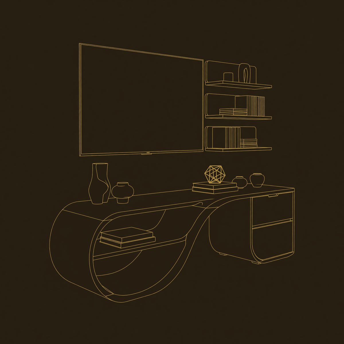 Hand-Sculpted Loop Base TV Console with Drawer Bank dimension diagram