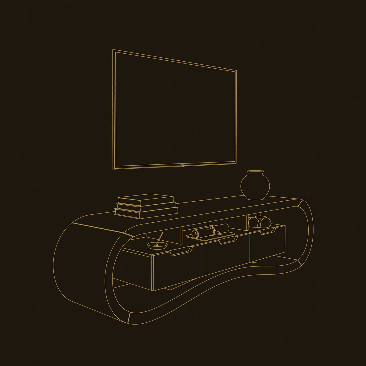 Interlocking Double Curve TV Console with Wave Base dimension diagram