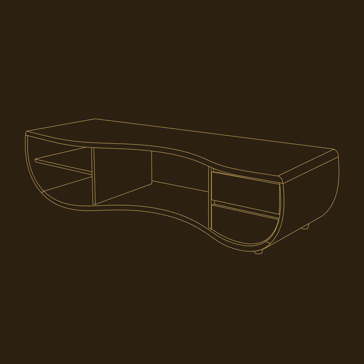 Kidney-Curve TV Console with Drawers and Open Shelves dimension diagram