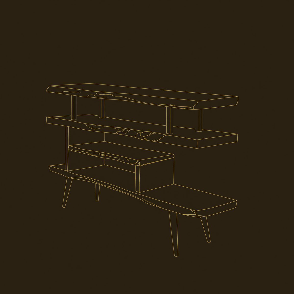 Live Edge Media Console, Stepped Shelves, Tapered Legs dimension diagram