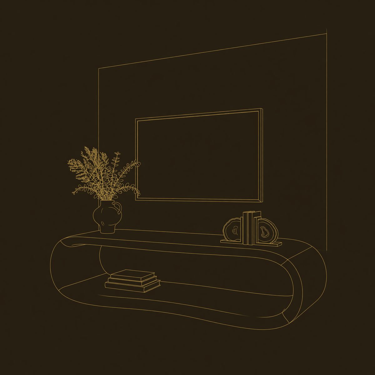 Curved Walnut TV Console on a Continuous Oval Loop dimension diagram