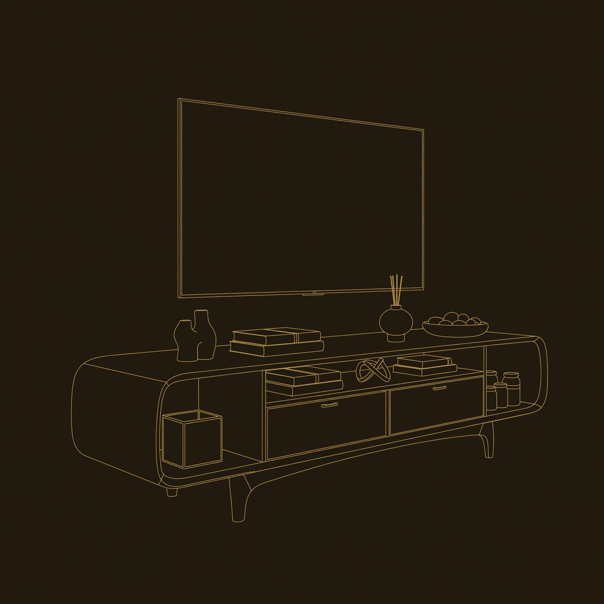 Walnut Media Console with a Wraparound Curved Side Panel dimension diagram