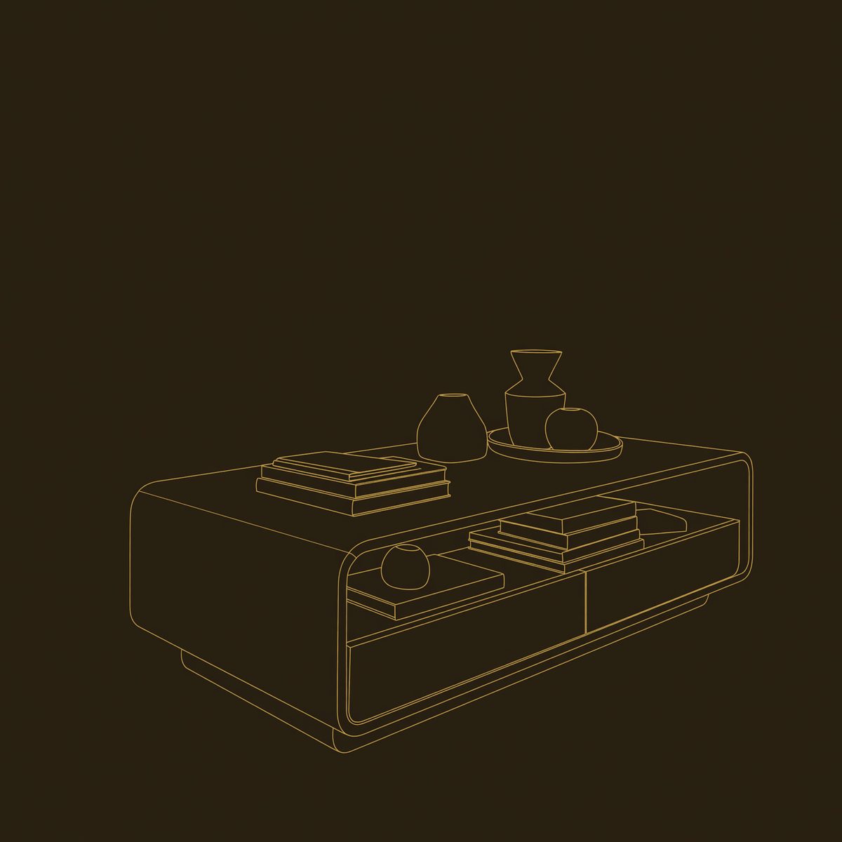 Open-Shelf Coffee Table with Two Drawers Beneath dimension diagram