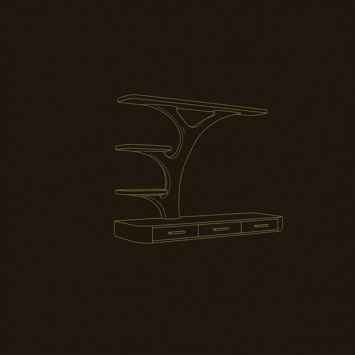 Organic Floating Desk With Branch Shaped Open Shelves For Workspace dimension diagram