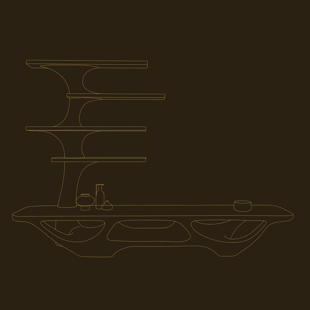 Organic Modern Branching TV Console with Vertical Display Shelves dimension diagram
