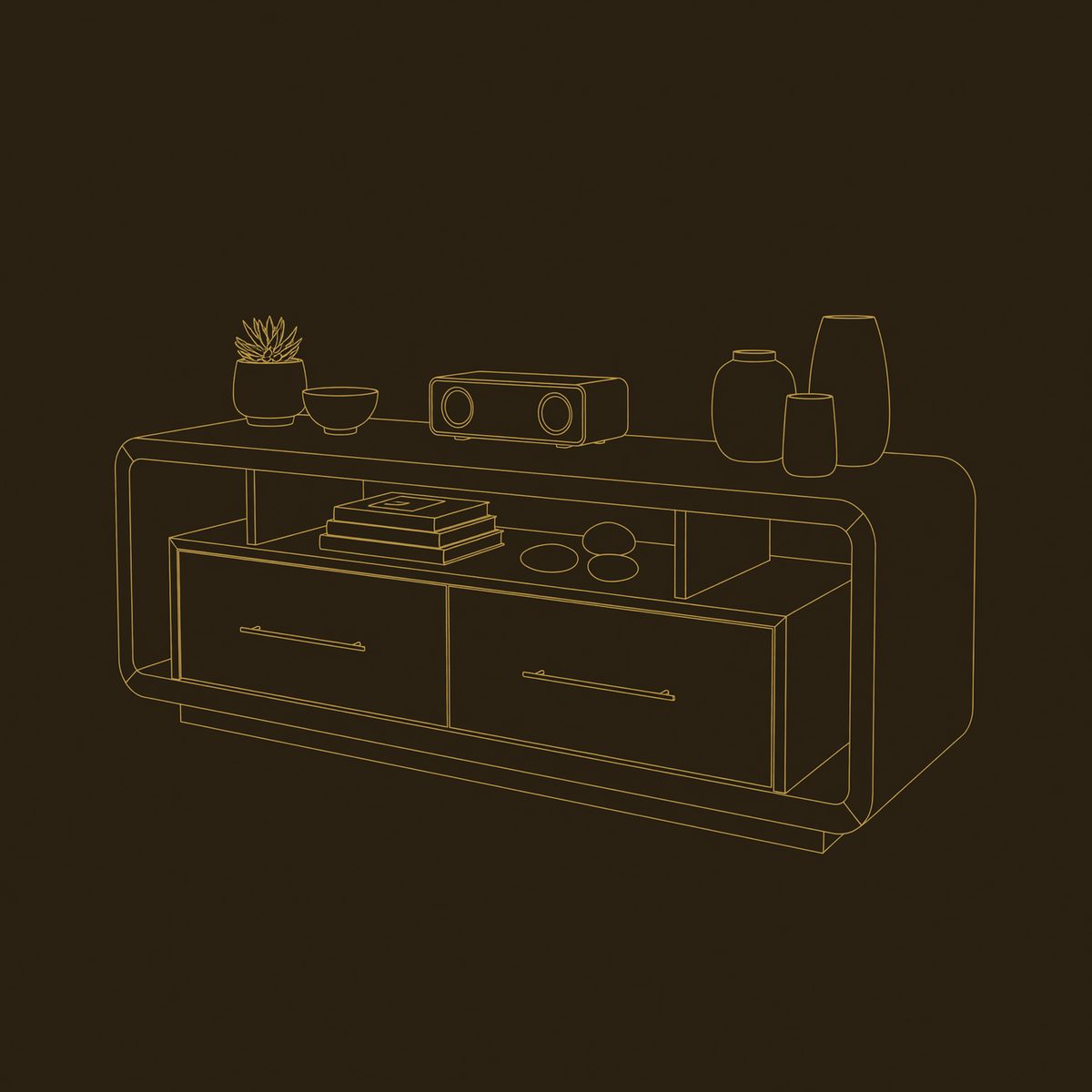 Rounded-Edge Media Console with Brass Pulls, Two Drawers dimension diagram