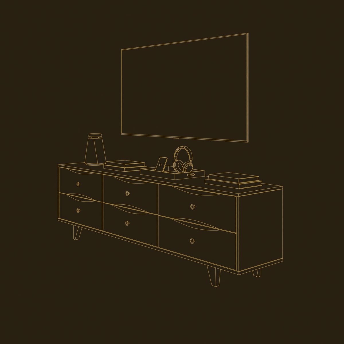 Six-Drawer Media Console in Walnut, Made to Order dimension diagram