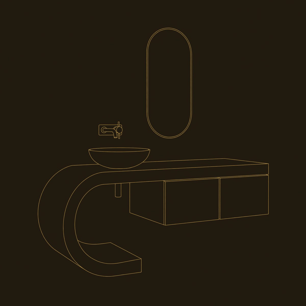Solid Wood Bathroom Vanity Floating With Sculptural Curved Base dimension diagram