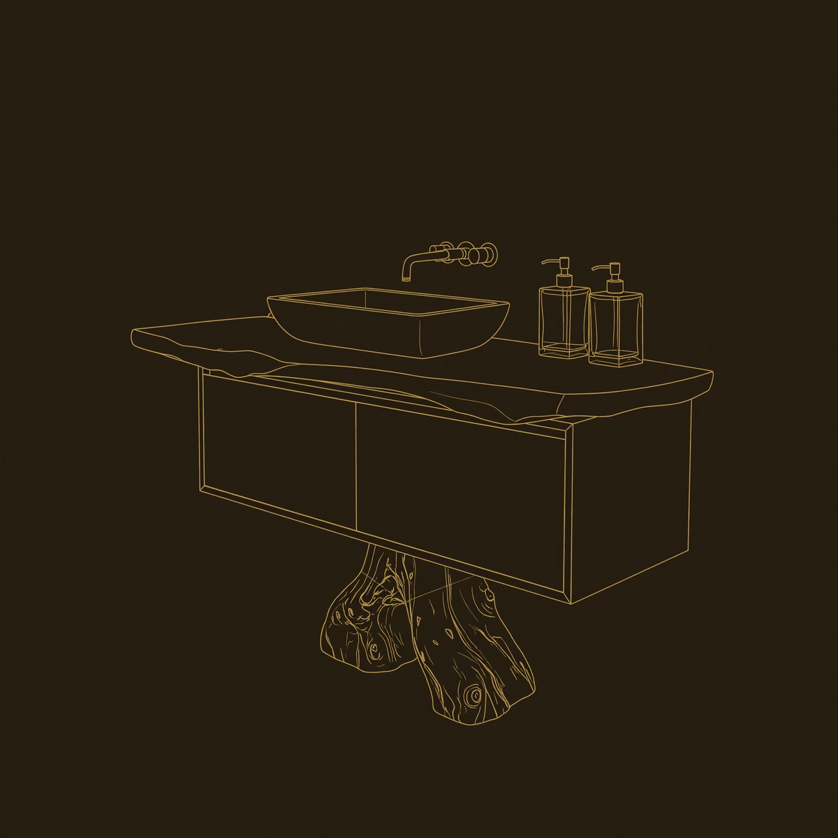 Solid Wood Live Edge Vanity Mid Century Bathroom Solid Sculptural Luxury dimension diagram