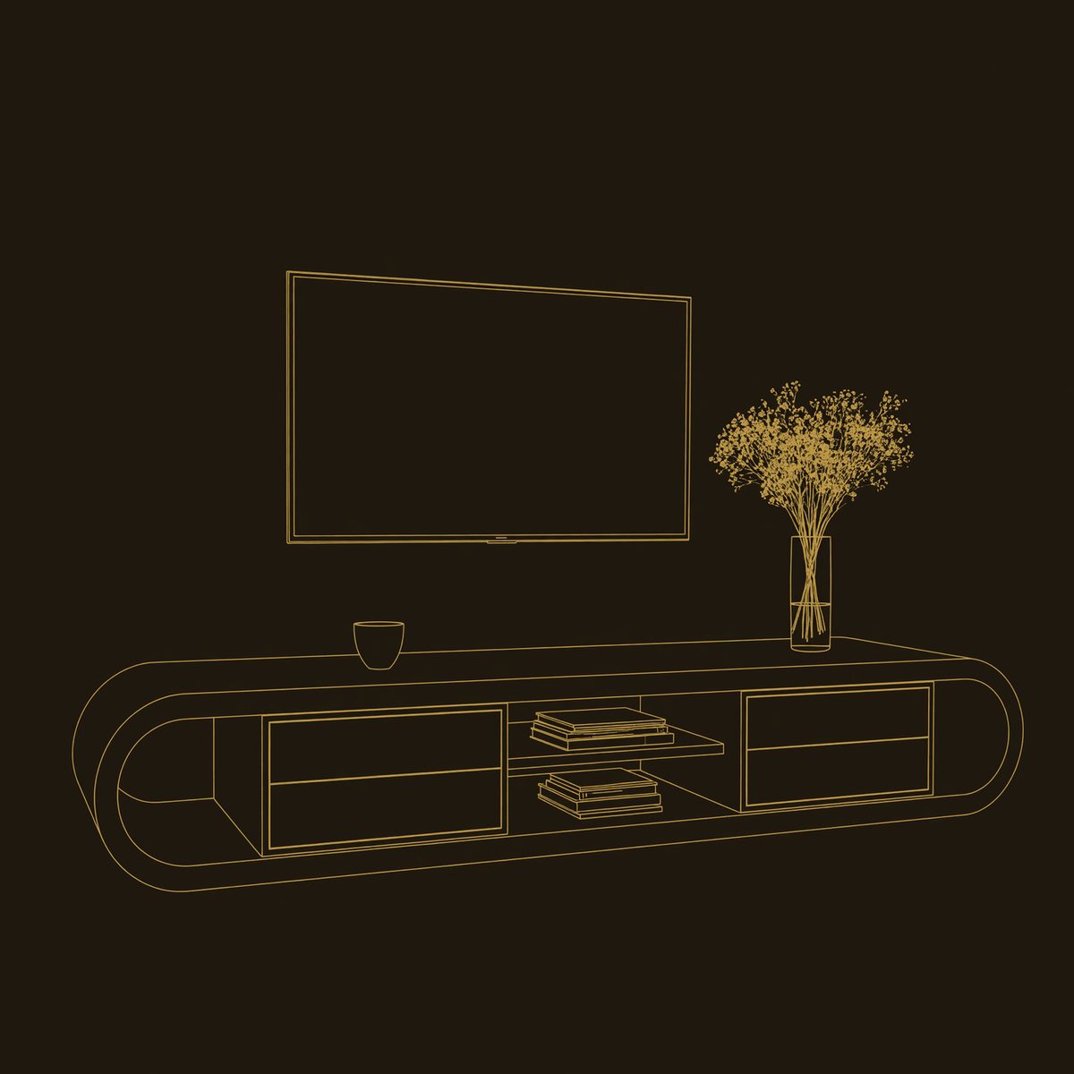 Racetrack Loop TV Console with Four Drawers and Center Shelf dimension diagram