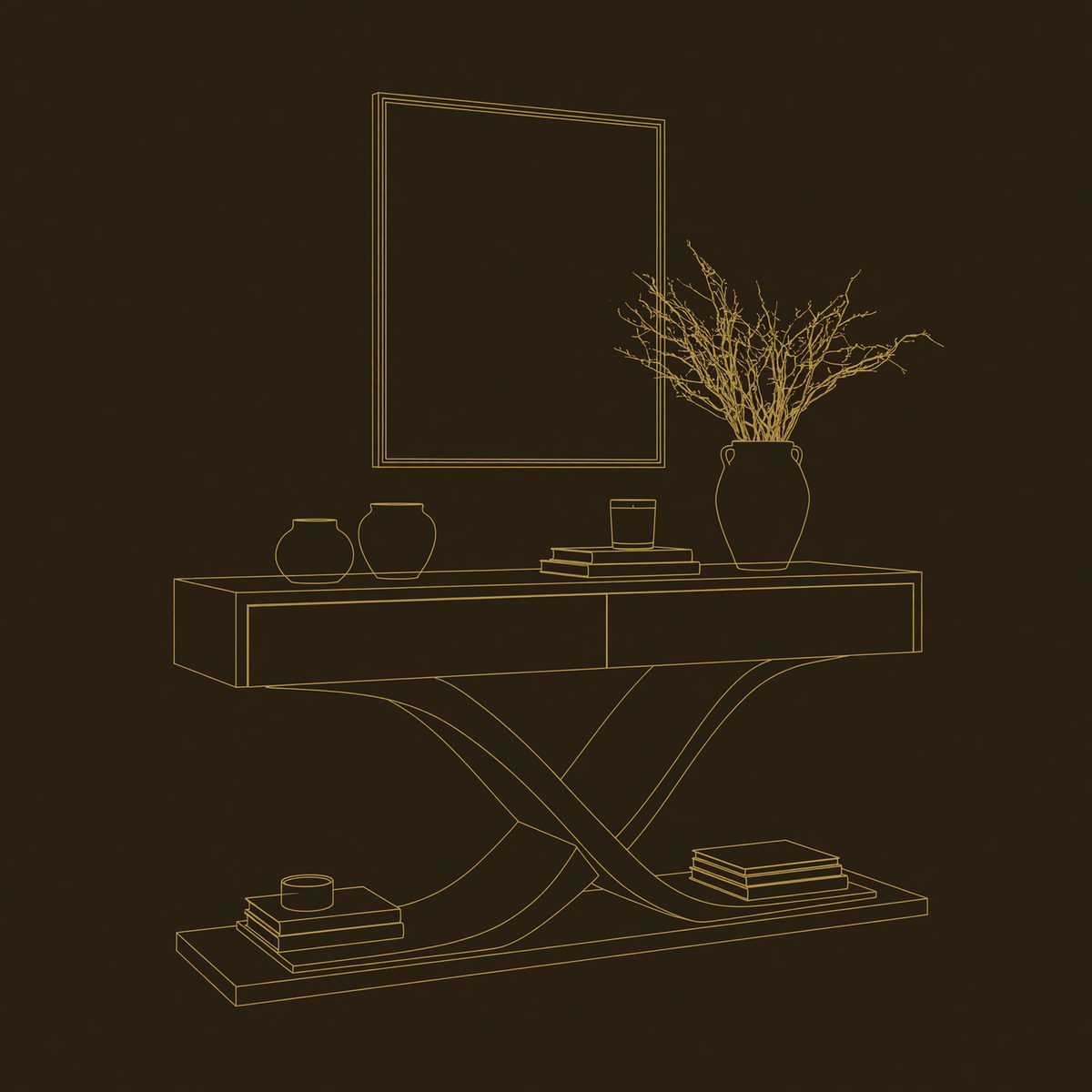 Two-Drawer Console Table with a Crossed Ribbon Base dimension diagram