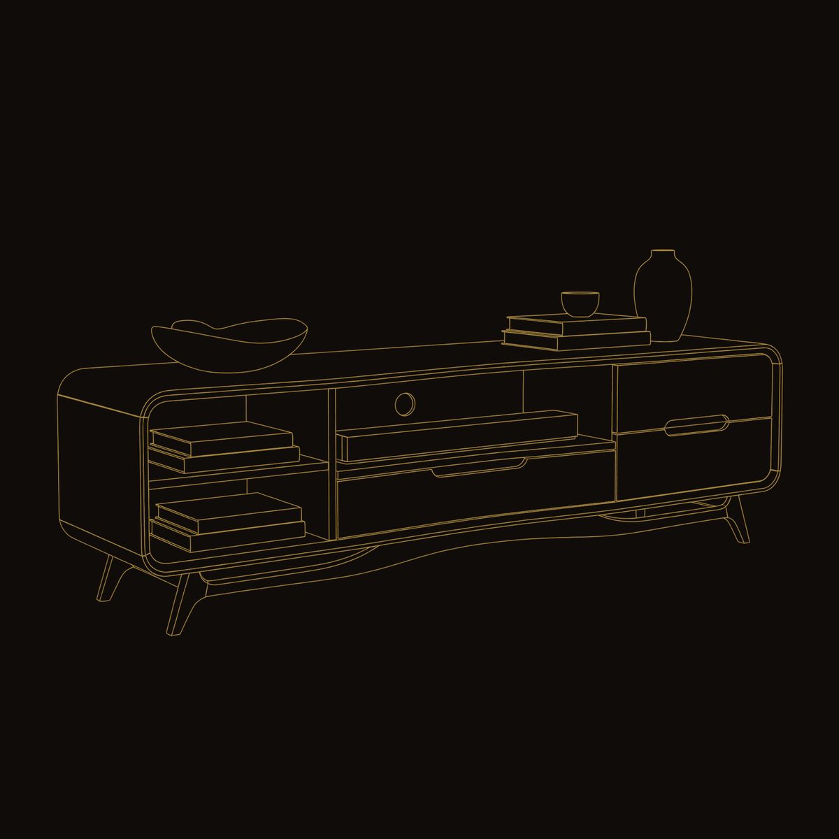 Warm Oak Media Console with Open Shelves and Drawers dimension diagram