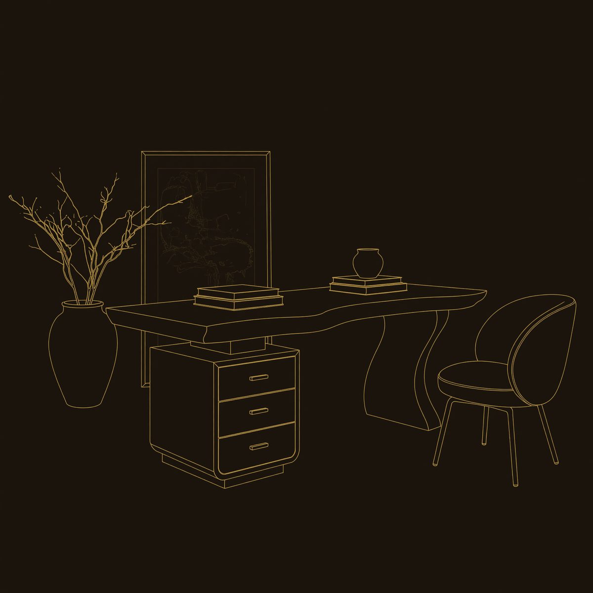 Wave-Leg Desk with a Live Edge Top and Drawer Cabinet dimension diagram