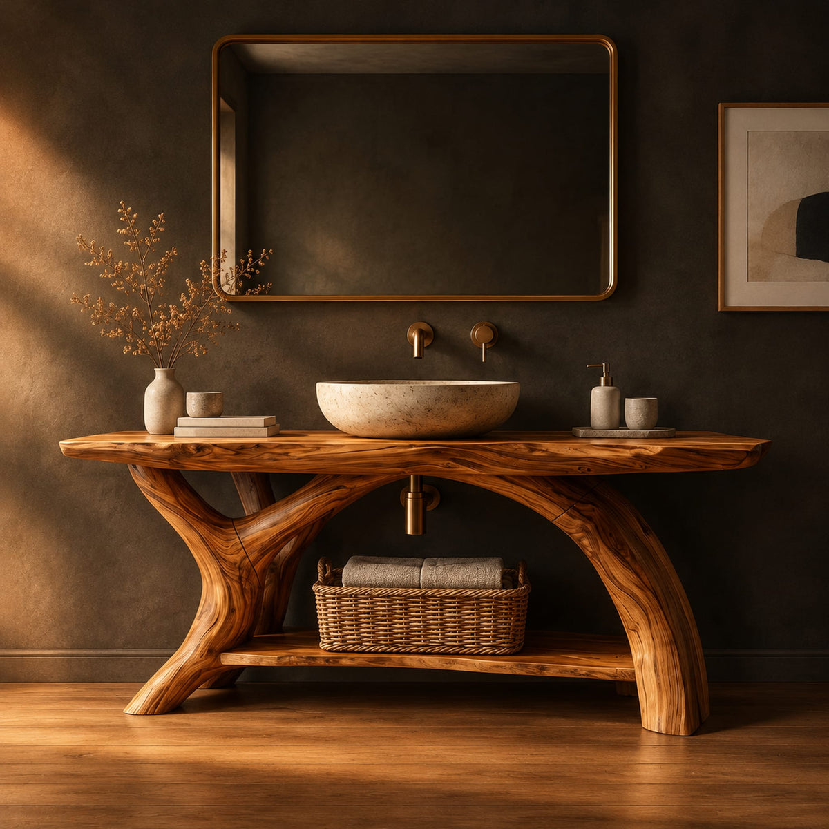Live edge bathroom vanity on branching trunk legs with a low shelf in a dark studio against a charcoal plaster wall