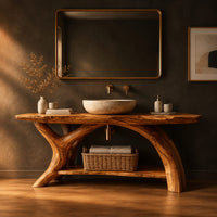 Live edge bathroom vanity on branching trunk legs with a low shelf in a dark studio against a charcoal plaster wall