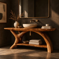 Corner detail of live edge bathroom vanity on branching trunk legs with a low shelf beside wood, brass and linen samples