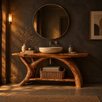 Live edge bathroom vanity on branching trunk legs with a low shelf in a dark bathroom at golden hour