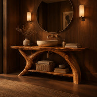 Live edge bathroom vanity on branching trunk legs with a low shelf in an evening bathroom with walnut wall paneling