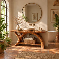 Live edge bathroom vanity on branching trunk legs with a low shelf in a bright bathroom with arched windows and plants