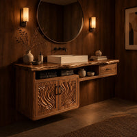 Live edge bathroom vanity cabinet with carved wave doors and a small drawer in an evening bathroom with walnut wall paneling