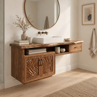 Live edge bathroom vanity cabinet with carved wave doors and a small drawer in a Scandinavian bathroom with white walls