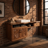 Live edge bathroom vanity cabinet with carved wave doors and a small drawer in an industrial loft bathroom with exposed brick