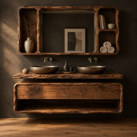 Floating bathroom vanity cabinet with a live edge slab top and open shelf in a dark studio against a charcoal plaster wall