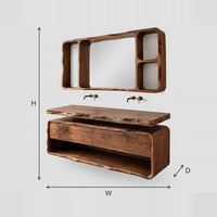 Live Edge Bathroom Vanity With Open Shelf And Floating Slab Top dimension diagram with width, height and depth