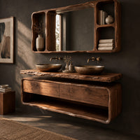 Corner detail of floating bathroom vanity cabinet with a live edge slab top and open shelf beside wood, brass and linen samples
