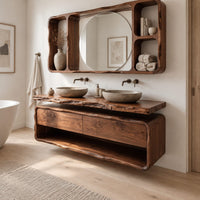 Floating bathroom vanity cabinet with a live edge slab top and open shelf in a Scandinavian bathroom with white walls