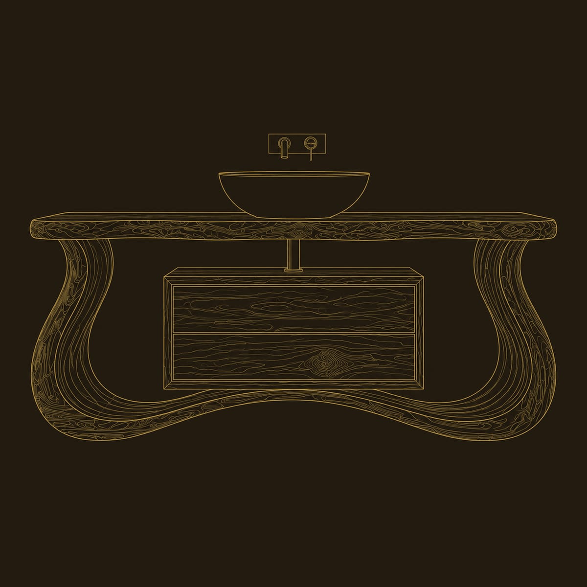 Live Edge Bathroom Vanity With Winding Curved Base And Cabinet dimension diagram