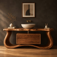 Live edge bathroom vanity with a curved wave base and a drawer cabinet in a dark studio against a charcoal plaster wall