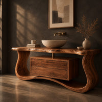 Live edge bathroom vanity with a curved wave base and a drawer cabinet, three-quarter view showing the grain