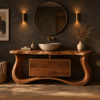 Live edge bathroom vanity with a curved wave base and a drawer cabinet in a dark bathroom at golden hour