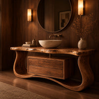 Live edge bathroom vanity with a curved wave base and a drawer cabinet in an evening bathroom with walnut wall paneling