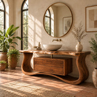Live edge bathroom vanity with a curved wave base and a drawer cabinet in a bright bathroom with arched windows and plants