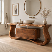 Live edge bathroom vanity with a curved wave base and a drawer cabinet in a Scandinavian bathroom with white walls