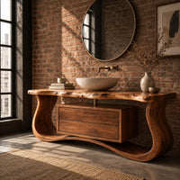 Live edge bathroom vanity with a curved wave base and a drawer cabinet in an industrial loft bathroom with exposed brick