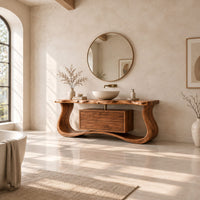 Live edge bathroom vanity with a curved wave base and a drawer cabinet in a bright open plan bathroom