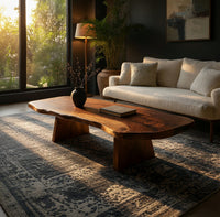 Live edge coffee table on two wedge pedestals in a living room at golden hour