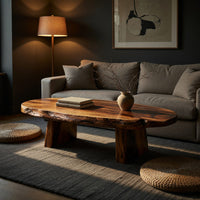 Thick live edge slab coffee table on block pedestals in a living room at golden hour