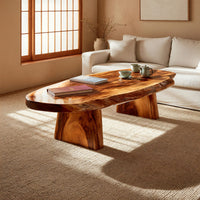Thick live edge slab coffee table on block pedestals in a sunlit room with large windows and plants