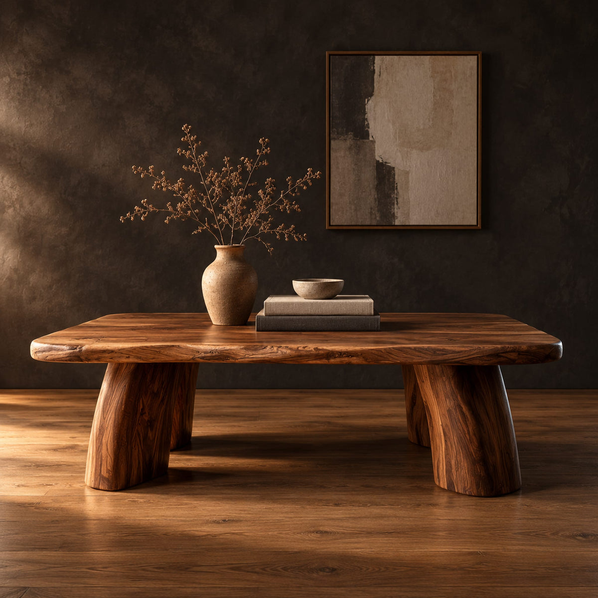Live edge coffee table with a thick slab top and four stout tapered legs in a dark studio against a charcoal plaster wall