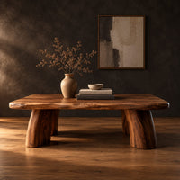 Live edge coffee table with a thick slab top and four stout tapered legs in a dark studio against a charcoal plaster wall