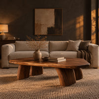 Live edge coffee table with a thick slab top and four stout tapered legs in a dark living room at golden hour