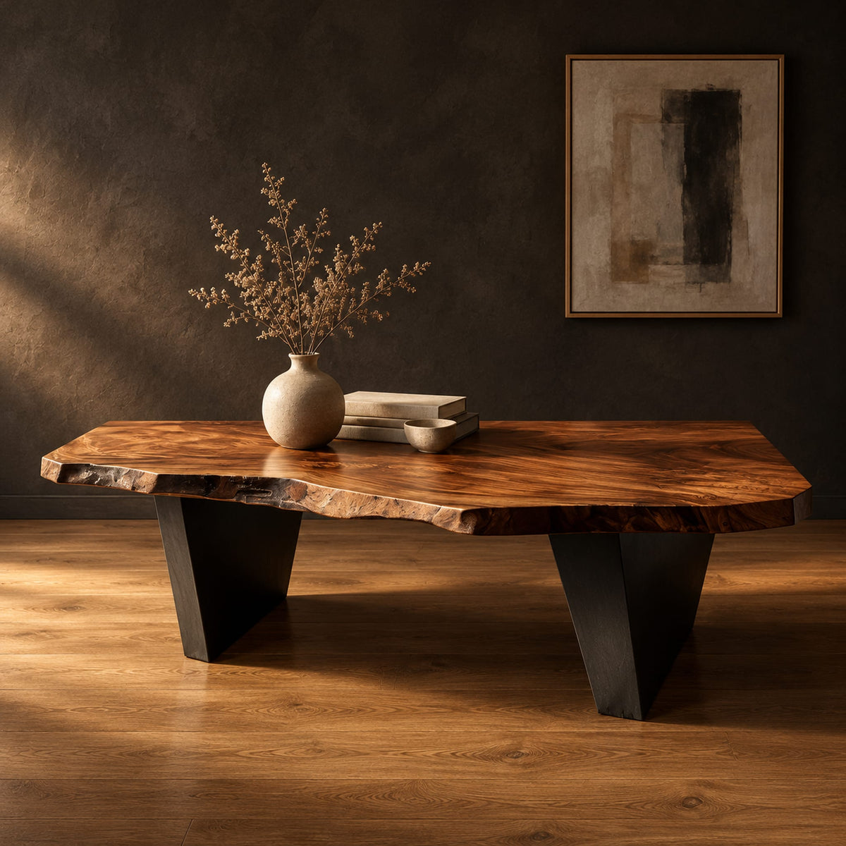 Live edge coffee table with a slab top and two angular wedge legs in a dark studio against a charcoal plaster wall