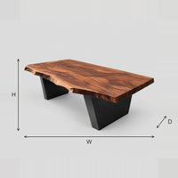 Live Edge Coffee Table With Angular Wedge Legs And Bold Grain dimension diagram with width, height and depth